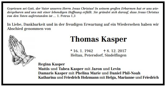 Kasper Thomas 1942-2017 Todesanzeige
